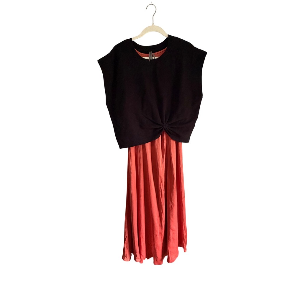 Anthropologie 2 Piece Set Black Knot‎ Sweater Vest Rust Midi Dress Womens Large